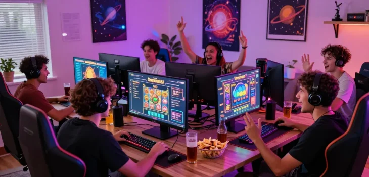 Spaceman slot game players experiencing excitement in a vibrant gaming room