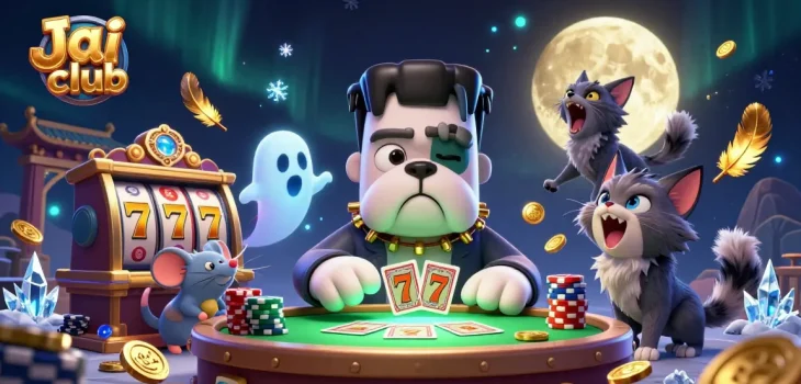 Engage in vibrant gameplay at Jai Club with a Frankenstein bulldog dealing cards and a werewolf kitten in a casino.