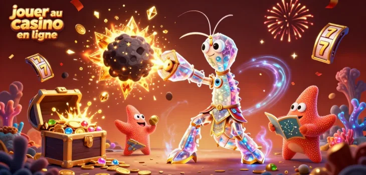 Jouer au casino en ligne avec une explosion de pièces d'or et de joyaux, illustrant l'excitation des jeux d'argent.