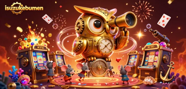 Engage with the isuzukebumen casino scene featuring a golden owl and animated mice among slot machines.