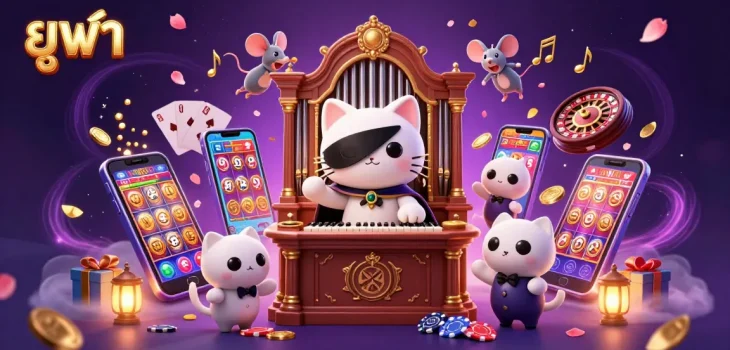 Engage with ยูฟ่า by admiring a rich casino illustration showcasing a dynamic scene filled with card games, slots, and festive elements.