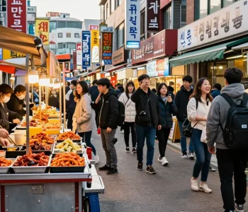 Authentic Korean street food experience showcasing 상봉동 한국관 with vibrant dishes and lively atmosphere.