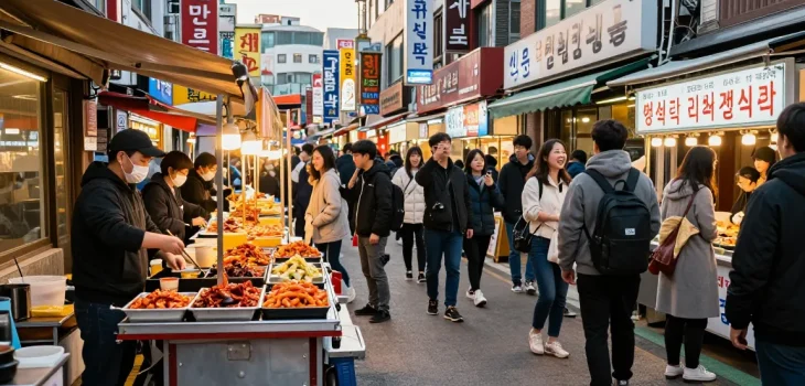 Authentic Korean street food experience showcasing 상봉동 한국관 with vibrant dishes and lively atmosphere.
