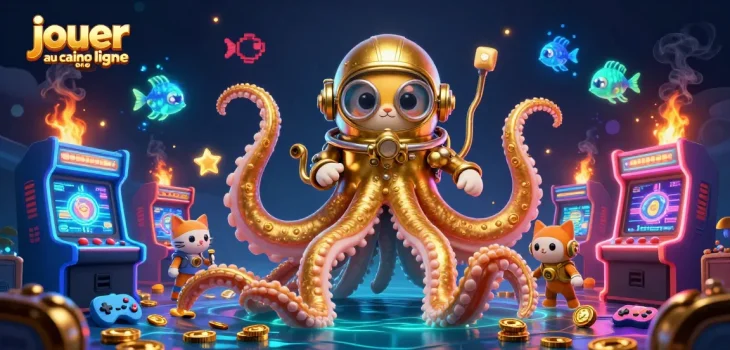 Jouer au casino en ligne avec des machines à sous futuristes et un kraken géant doré.