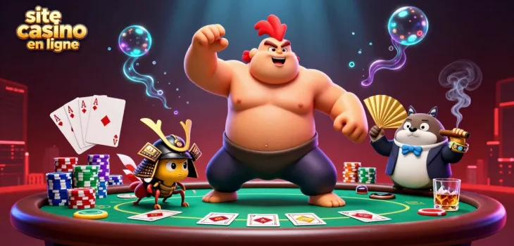 Vivez l'action sur un site casino en ligne avec des mises dramatiques autour d'une table de poker, mettant en scène un combat entre un coq et un grillon.