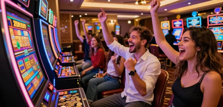 Excited players celebrating a win at Zeus Slot machine in a vibrant casino atmosphere.