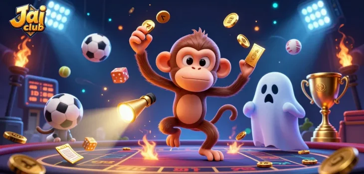 Experience the excitement of Jai club with a lively 3D illustration featuring golden gambling elements!