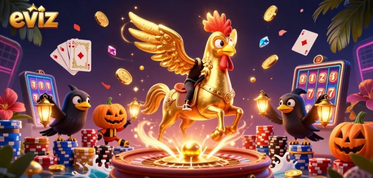 eviz enhances your gameplay with a golden rooster and animated casino elements in a vivid illustration.