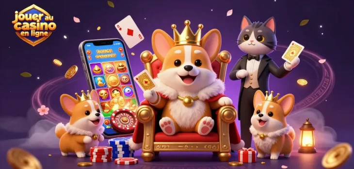Jouez au casino en ligne avec un corgi royal sur un trône de jetons, entouré de jeux colorés.