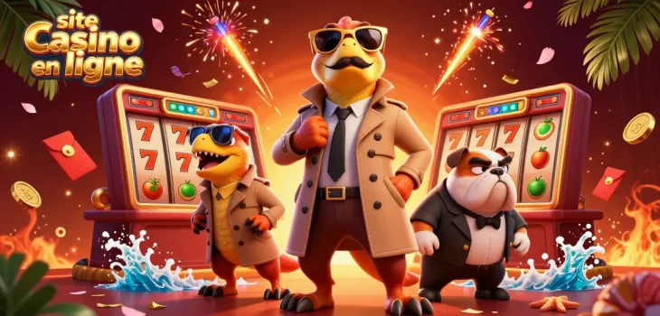 Trois raptors déguisés entrent dans un site casino en ligne avec des jetons et des lumières festives.