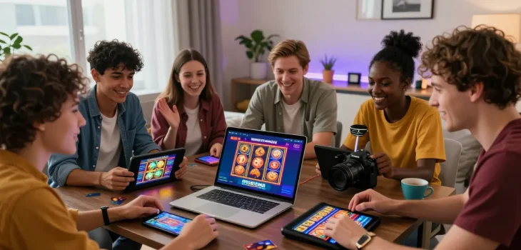 Friends exploring the best credit card casinos at https://mhfe.org.uk, enjoying a lively online gaming experience.