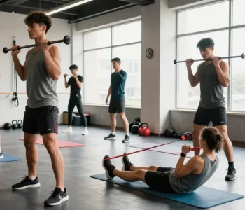 Active scene showcasing Unique Pharma Steroid Shop fitness enthusiasts working out in modern gym