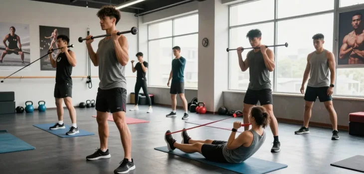 Active scene showcasing Unique Pharma Steroid Shop fitness enthusiasts working out in modern gym