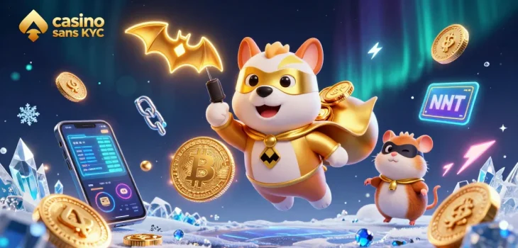 Admirez notre illustration dynamique de casino sans KYC crypto avec un chien super héros et des éléments de gambling captivants.