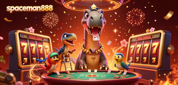 Experience the excitement of spaceman888 as a brontosaurus towers over a vibrant casino scene filled with luck and action.