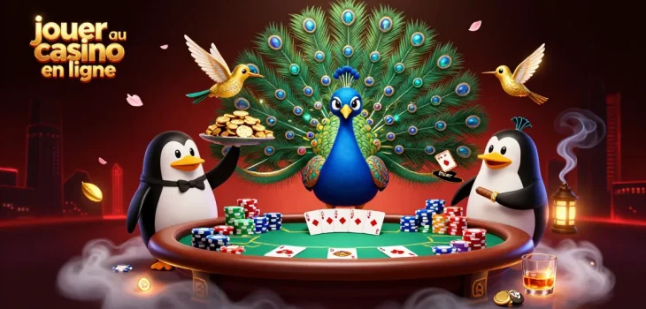Jouer au casino en ligne avec élégance, l'illustration montre un paon aristocratique entouré de jetons dorés.