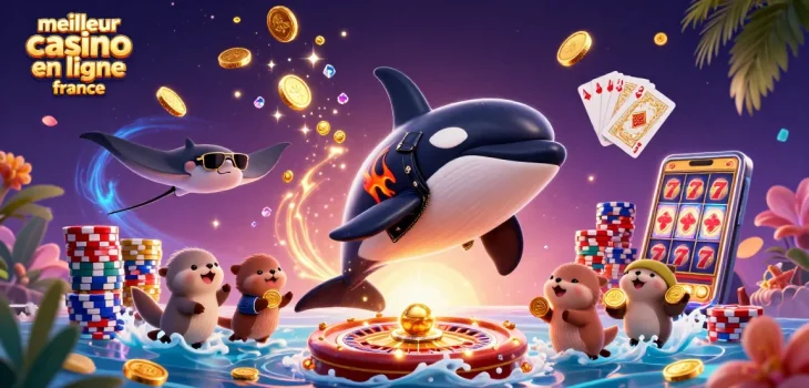 Profitez du meilleur casino en ligne en France avec une scène dynamique de jeux et personnages colorés.
