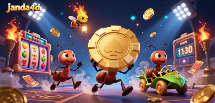 JANDA4D: Tim semut menggenggam chip poker emas besar sambil berlari dalam permainan kasino online.