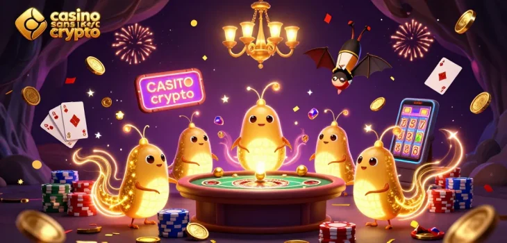 Animation de casino sans KYC crypto avec des vers luisants et des éléments de jeux scintillants.