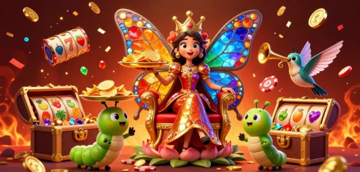 Remportez des gains excitants sur le site casino en ligne avec une reine papillon entourée de joyaux et de jetons.
