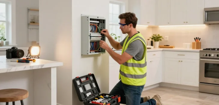 Electrician at istanbano.com wiring a residential panel in a modern Birmingham kitchen.