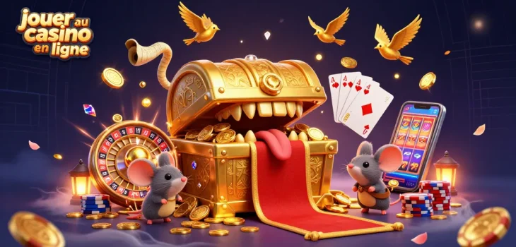 Jouer au casino en ligne avec des souris aventurières attirées par un coffre au trésor scintillant.