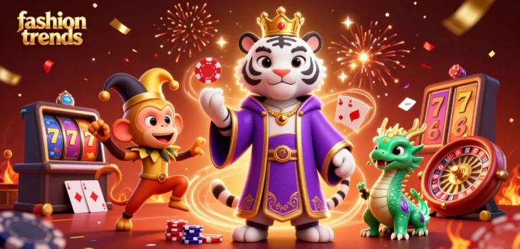 Experience fashion trends in a vibrant casino scene with a tiger and monkey juggling poker chips.