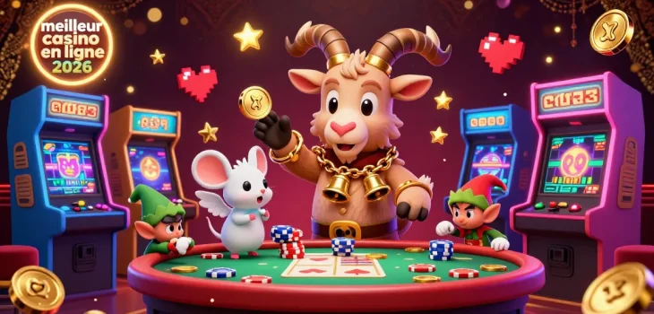 Plongez dans l'univers dynamique du meilleur casino en ligne 2026 avec une scène festive de Krampus, une souris ange et des lutins voleurs.