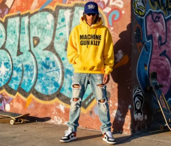 Stylish individual in kw rokok 88 streetwear with graffiti backdrop, showcasing bold fashion choices.