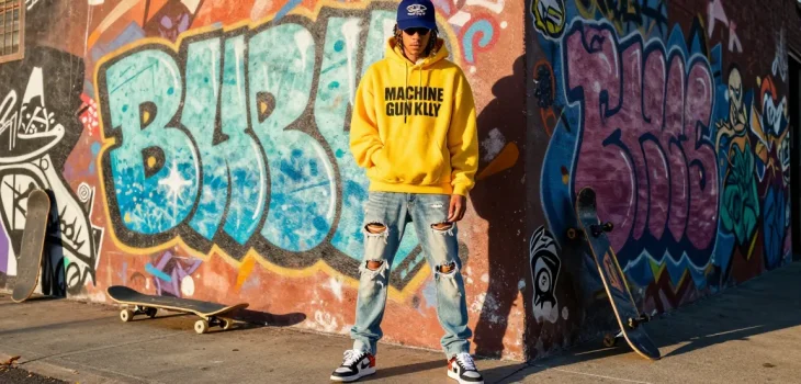 Stylish individual in kw rokok 88 streetwear with graffiti backdrop, showcasing bold fashion choices.