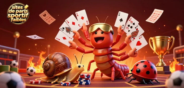 Illustration animée dépeignant des paris sportifs fiables, mettant en scène un millipède croupier et un escargot joueur.