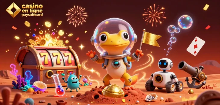 Jouez au casino en ligne paysafecard avec une illustration de Gecko Martien découvrant un casino doré sur Mars.