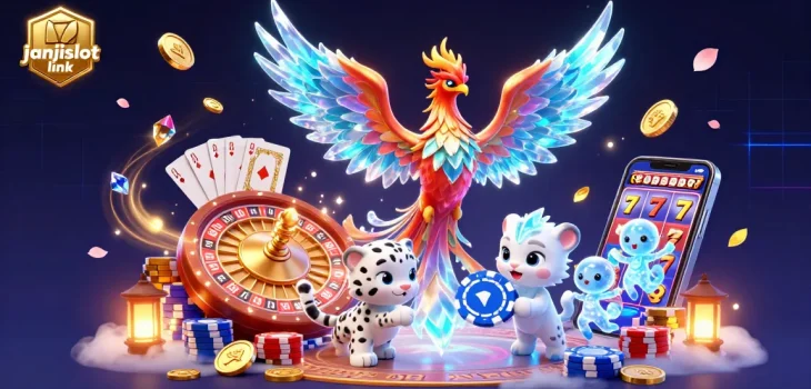 Spin the reels with janjislot link in a vibrant, action-packed casino scene.