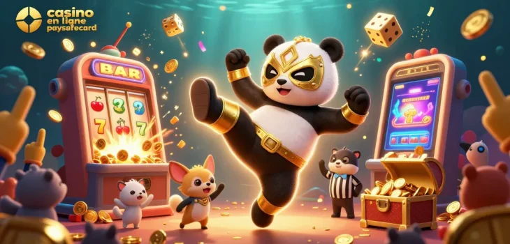 Jouer aux jeux de casino en ligne paysafecard avec une scène dynamique de panda et animaux.