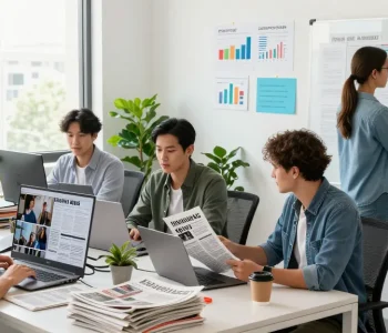 Journalists collaborating in a vibrant newsroom at https://www.theindaily.com, showcasing breaking news, team dynamics, and modern editorial work.