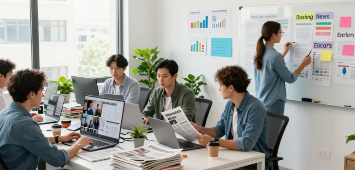 Journalists collaborating in a vibrant newsroom at https://www.theindaily.com, showcasing breaking news, team dynamics, and modern editorial work.