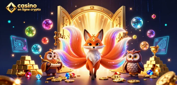 Dans un casino en ligne crypto, un renard à neuf queues vibrant attire des trésors numériques et des gemmes scintillantes.