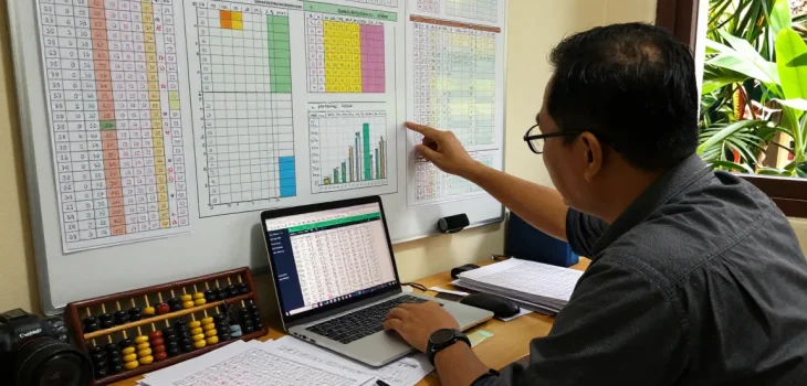 Analisis angka untung Togel di ruang kerja modern dengan grafik dan data.