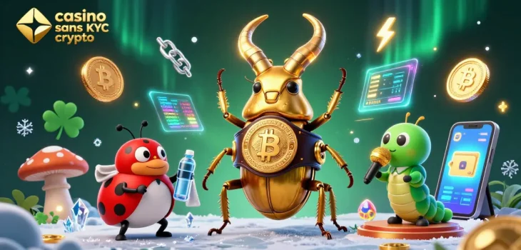 Jouer au casino sans KYC crypto avec une scène dynamique de personnages 3D entourés de pièces numériques.