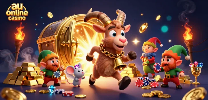 Experience the excitement of au online casino with a whimsical scene featuring a Krampus goat managing a chaotic holiday-horror casino.