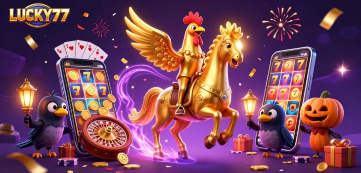Experience excitement with LUCKY77 in a thrilling casino scene featuring lucky symbols and dynamic energy.