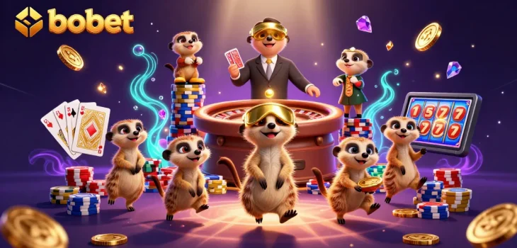 Experience sbobet excitement with playful meerkats in an intricate casino scene.