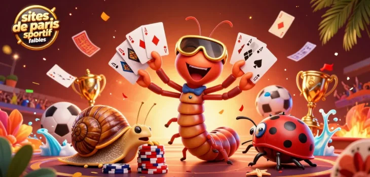 Visualisez les sites de paris sportif fiables avec un dealer cartoon de mille-pattes et des éléments de paris engageants.