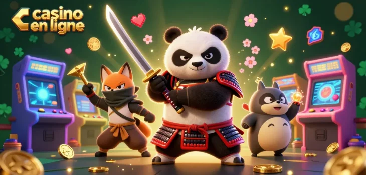 Jouer dans un casino en ligne avec un samouraï panda et un renard ninja, ambiance animée.