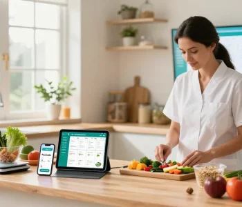 Nutritionist using the best AI calorie tracker in a modern kitchen while preparing healthy meals.