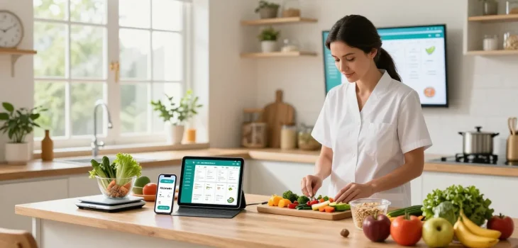 Nutritionist using the best AI calorie tracker in a modern kitchen while preparing healthy meals.