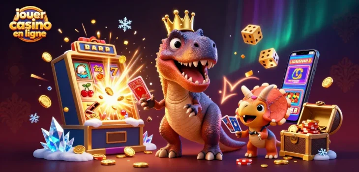 Jouer au casino en ligne avec un T-Rex et un tricératops dans une scène festive de jeux.