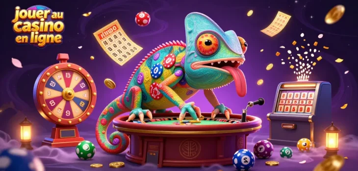 Jouez au casino en ligne avec un chameleon qui capte les pièces dorées et des éléments de loterie dynamiques.