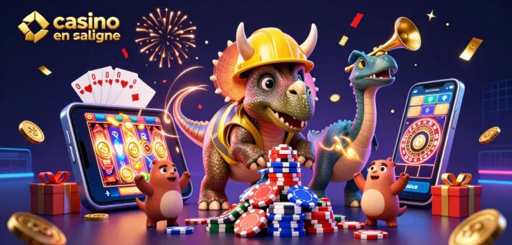 Jouez sur un casino en ligne paysafecard avec une illustration festive remplie de personnages et d'éléments de jeu.