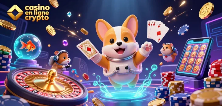 Illustration captivante d'un casino en ligne crypto, avec un corgi astronaute flottant dans une station spatiale et des jetons de poker.